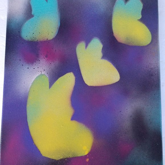 Handmade Painting Yellow Butterflies in Pink and Purple Flowers on Canvas 14x11